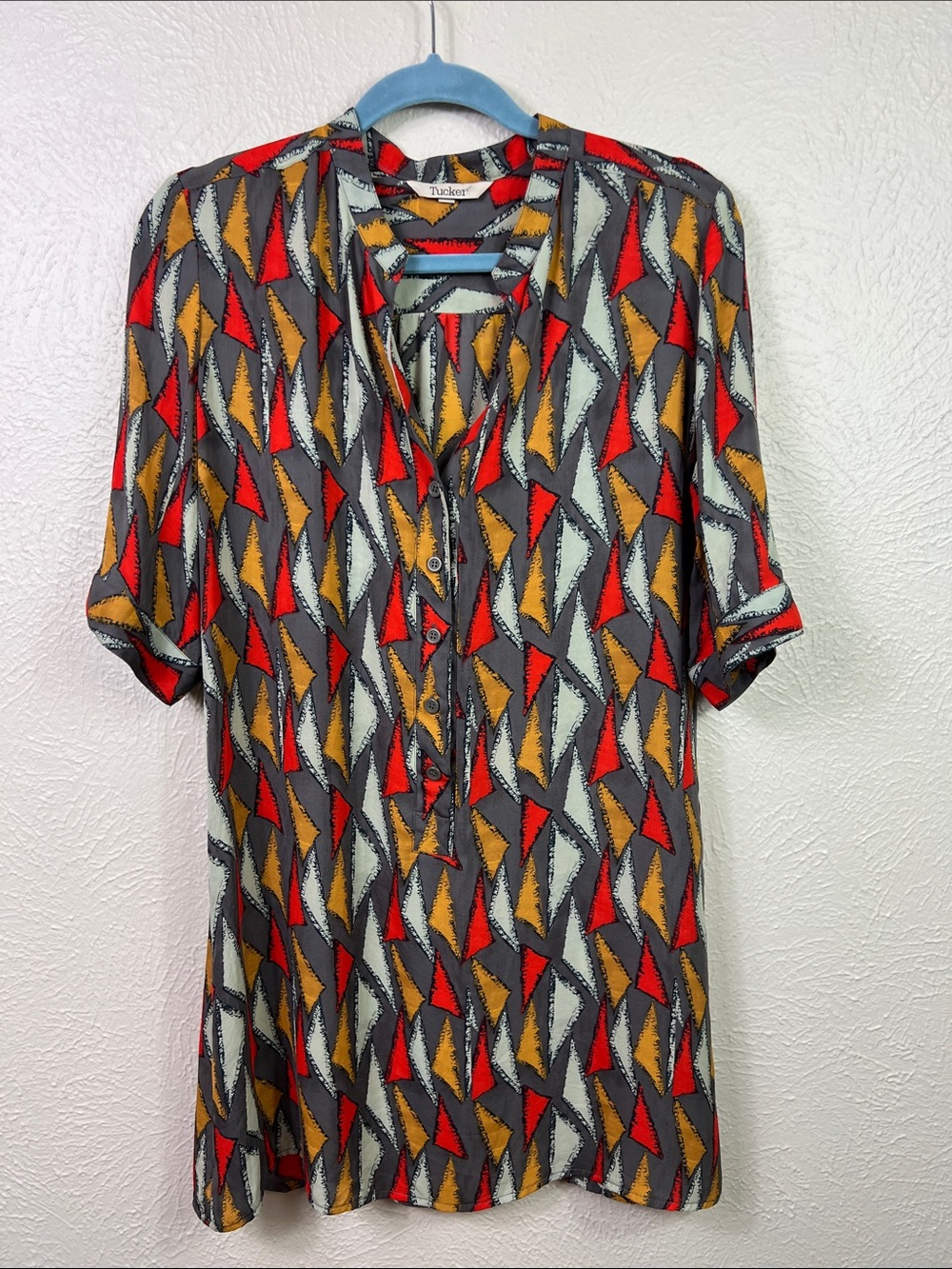 Tucker Vintage Silk Elbow Length Allover Print Popover Tunic Top Blouse Medium